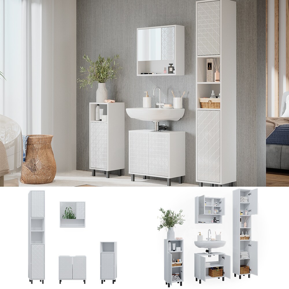 Vicco Badmöbel-Set Agasta weiß, Badezimmerschränke 3D Optik
