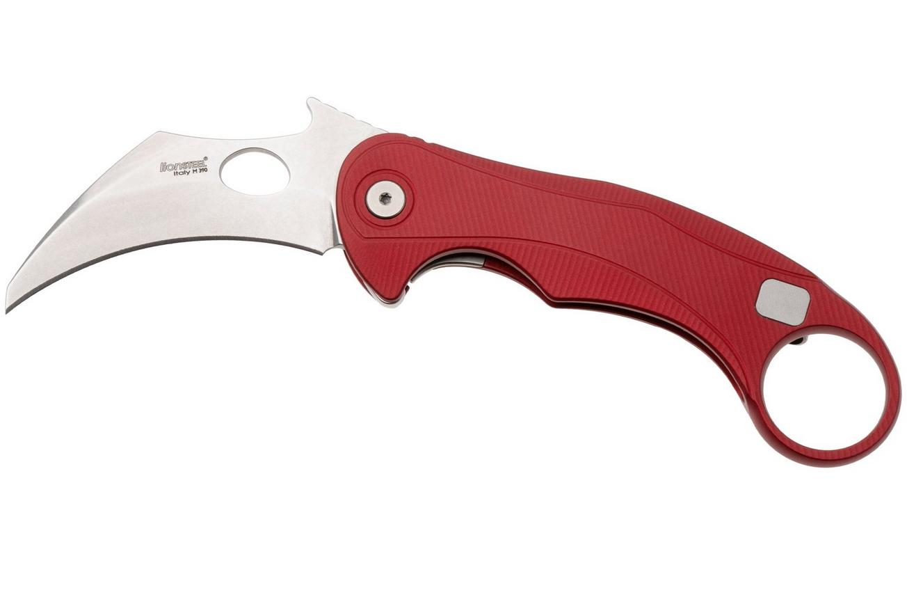 LionSteel L.E.One Mid LE2-RS, Stonewashed M390, Red Aluminum, karambit zakmes