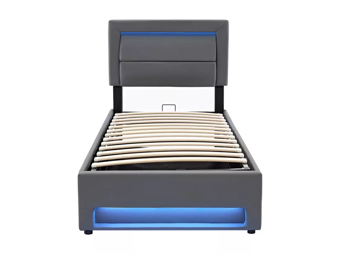 Lit coffre 90 x 200 cm avec tête de lit - Prises USB et LEDs - Cuir PU - Sommier à lattes - Gris(sans matelas)
