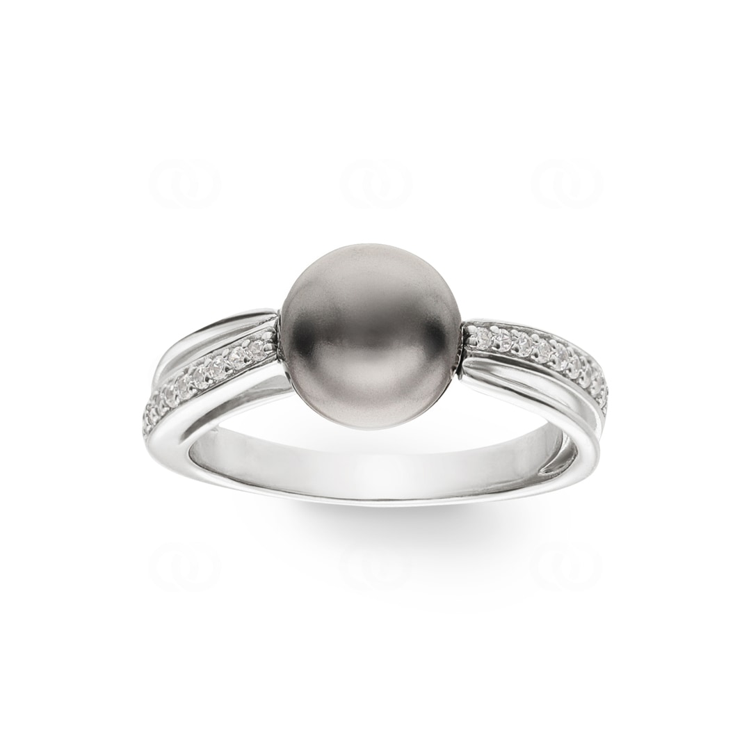 Damenring 925 Silber rhodiniert mit schwarzer Kunstperle 8mm und Zirkonia