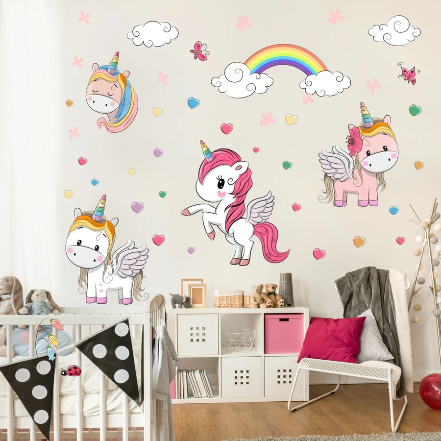 Nikima Wandtattoo 086 Wandtattoo Einhorn Regenbogen Kinderzimmer Sticker Aufkleber bunt