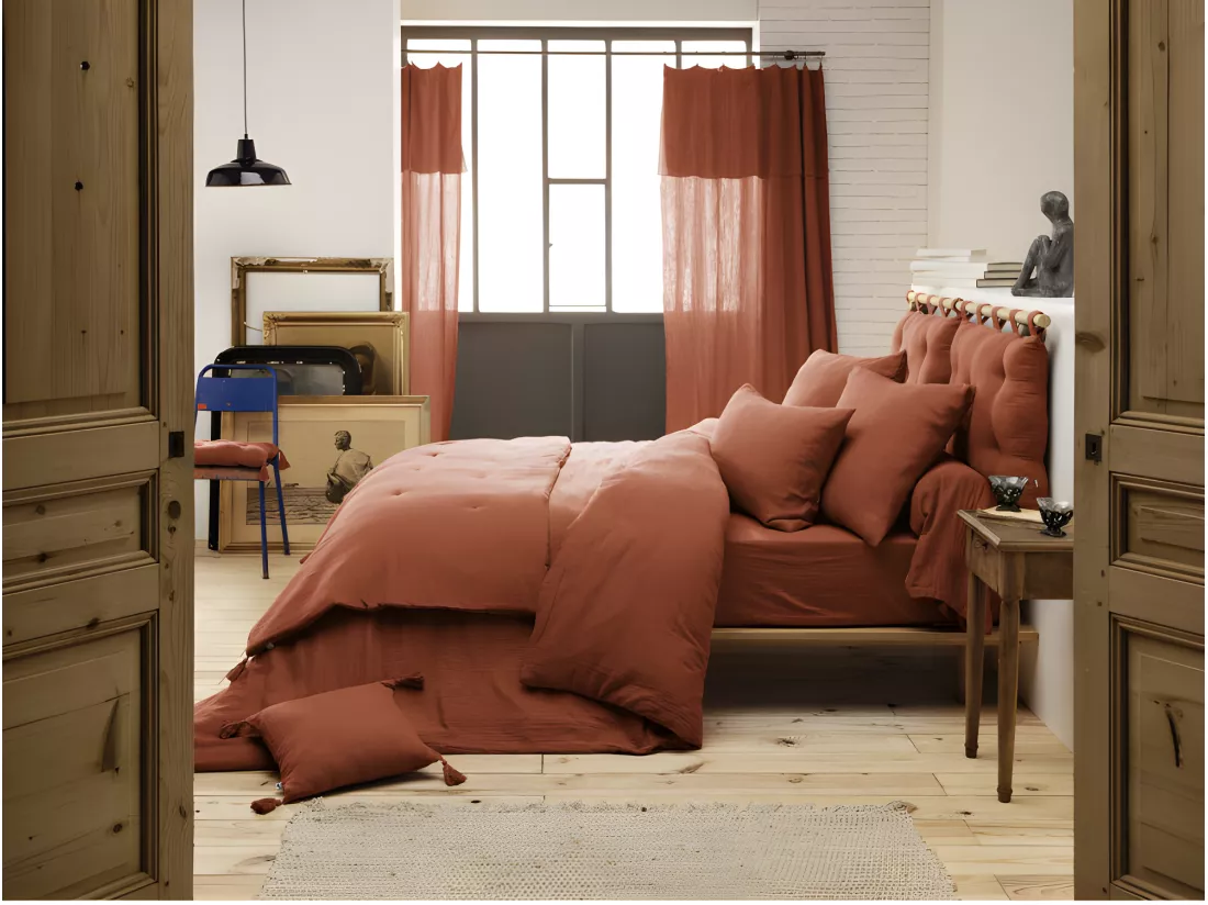 Parure de draps Gaze de Coton - Gaïa Terracotta - 4 pièces 1 Drap plat 240 x 300 + 1 Drap housse 160 x 200 + 2 Taies 60 x 60