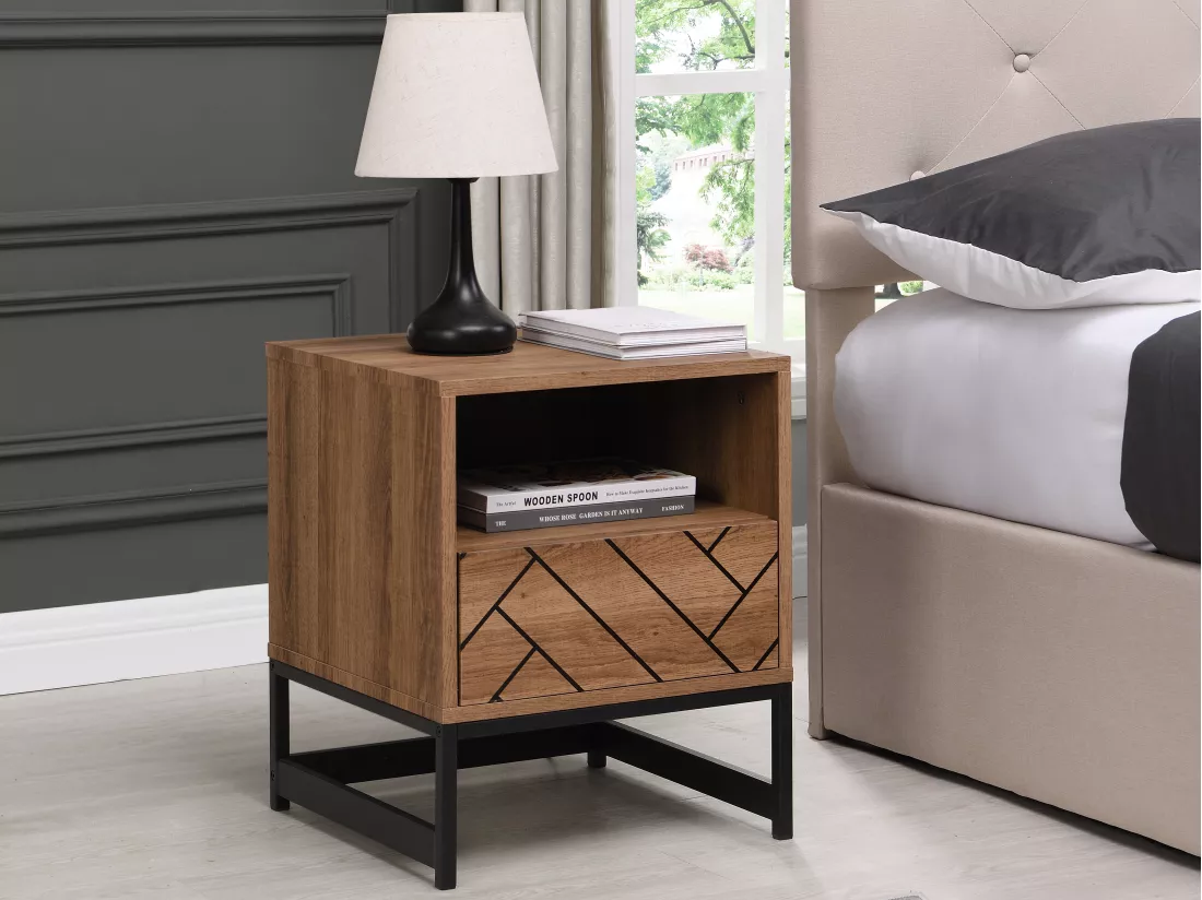 Lot de 2 tables de chevet 1 tiroir et 1 niche - MDF et Acier - Coloris : Naturel et noir - CARATANA