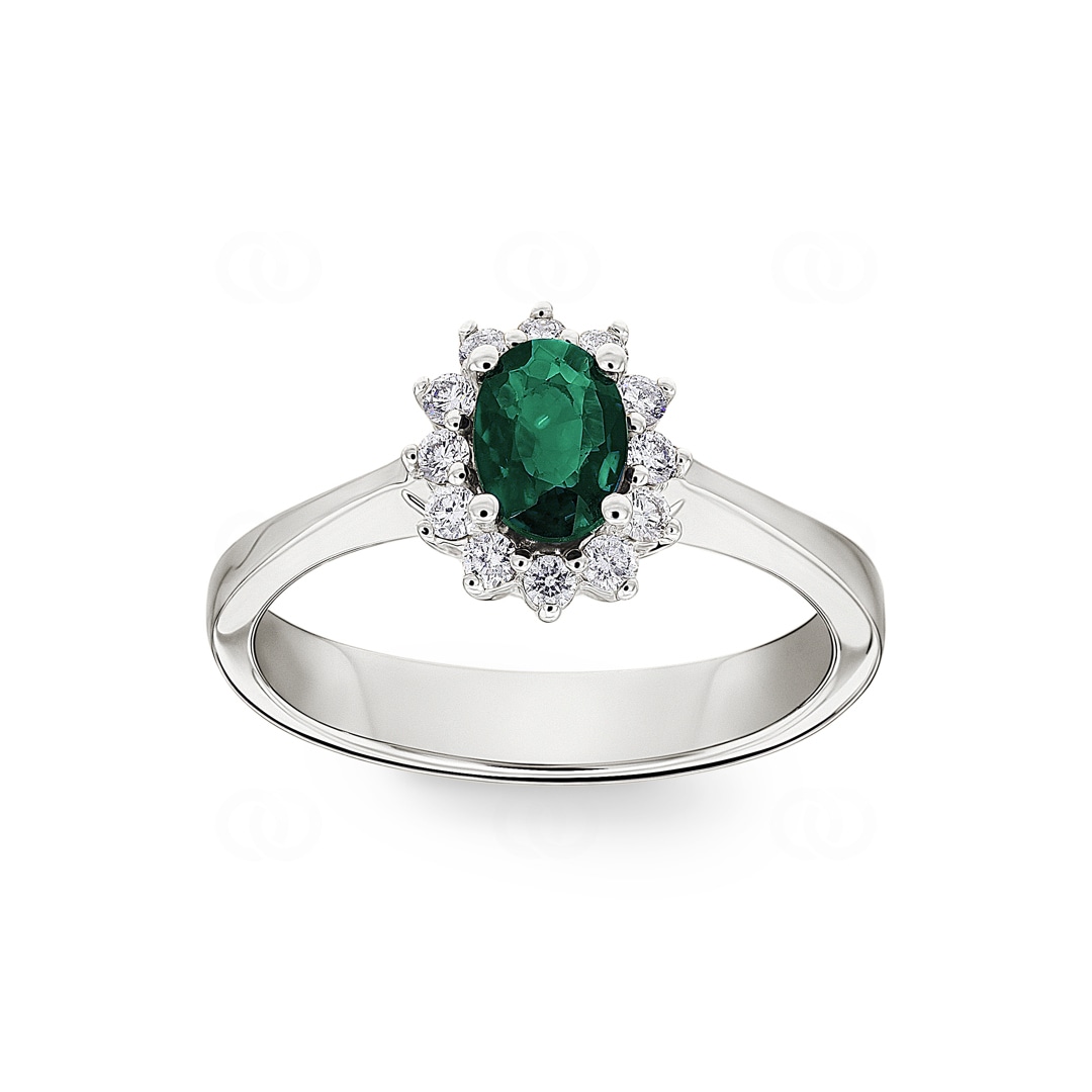 Damenring 750/18 K Weissgold mit Diamanten 0.17 ct H/si & Smaragd 0.38 ct