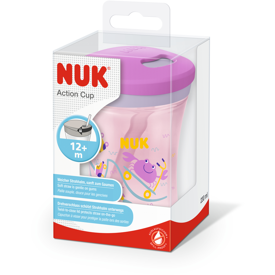 NUK Trinklernbecher Action Cup weicher Trinkhalm, auslaufsicher ab 12 Monaten lila