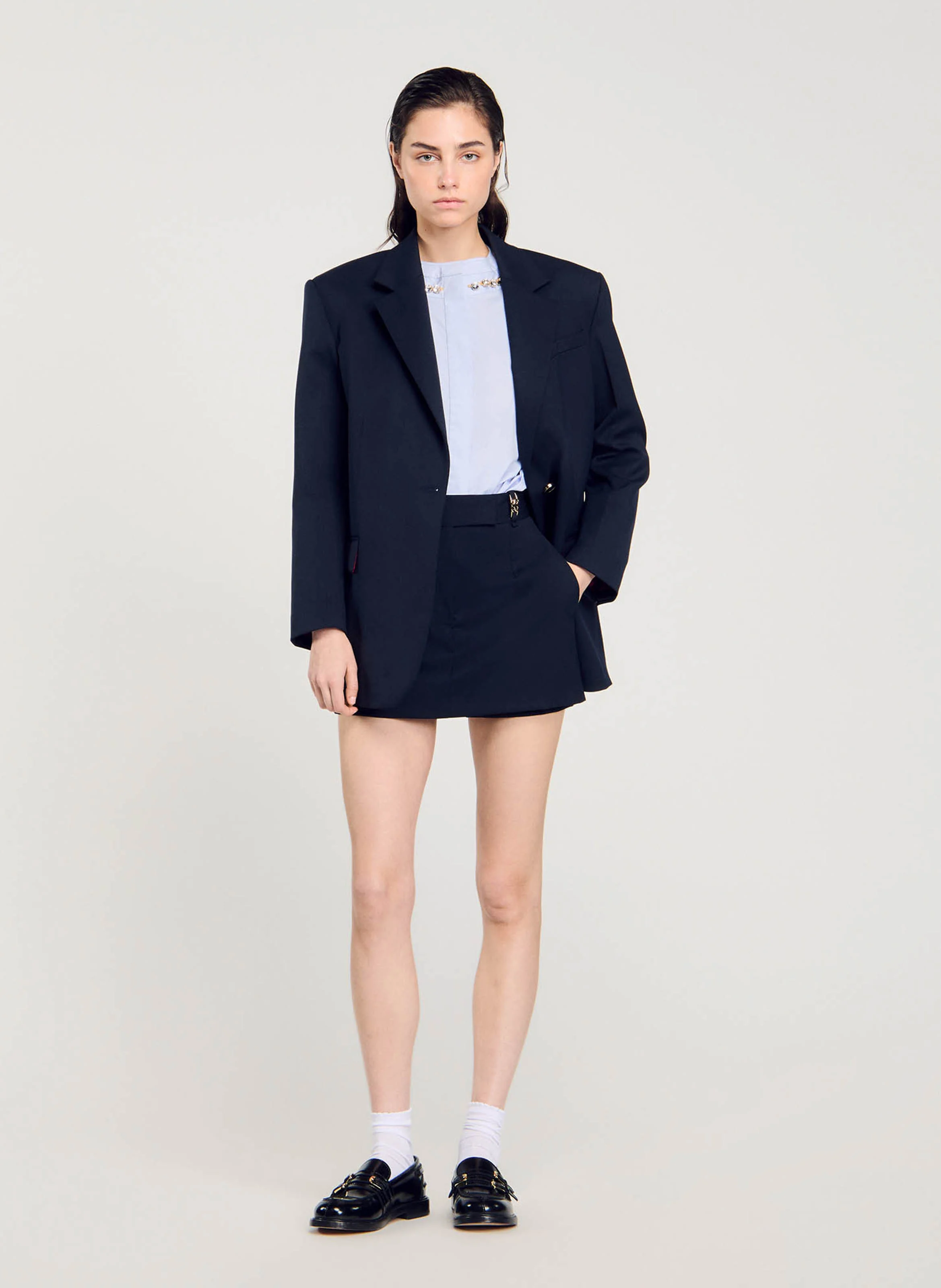 Chemise courte ample col rond en coton mélangé | Bleu