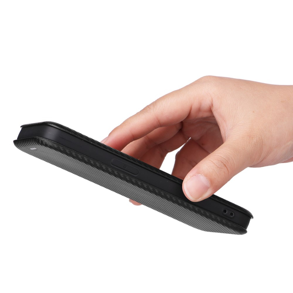iPhone 14 Leder Tasche Flip Cover Carbon Look - Schwarz