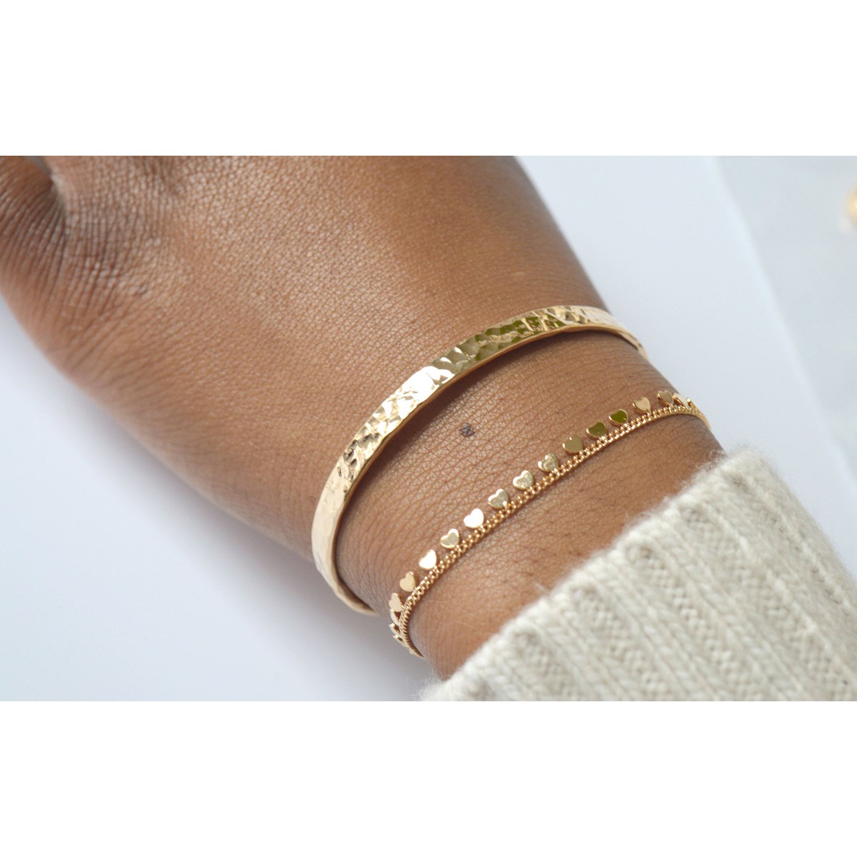 Bracelet jonc martelé rigide semi ouvert ajustable -Plaqué or