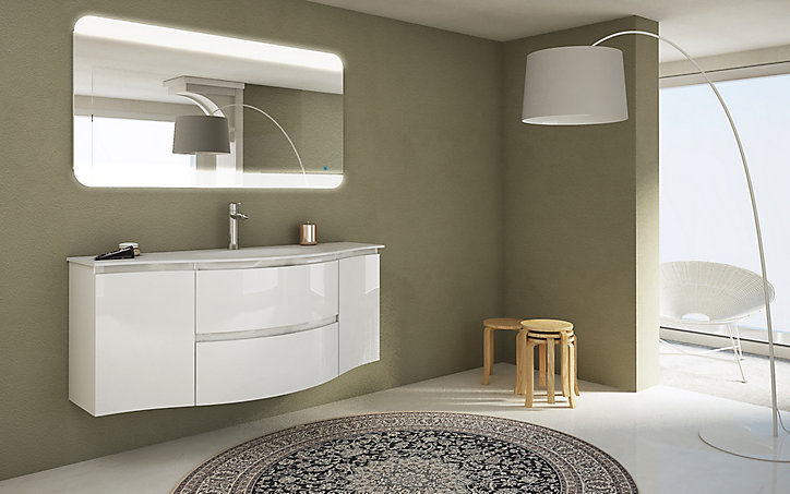 Meuble sous vasque blanc Vague 138 cm + complément gauche et droit + plan vasque en résine