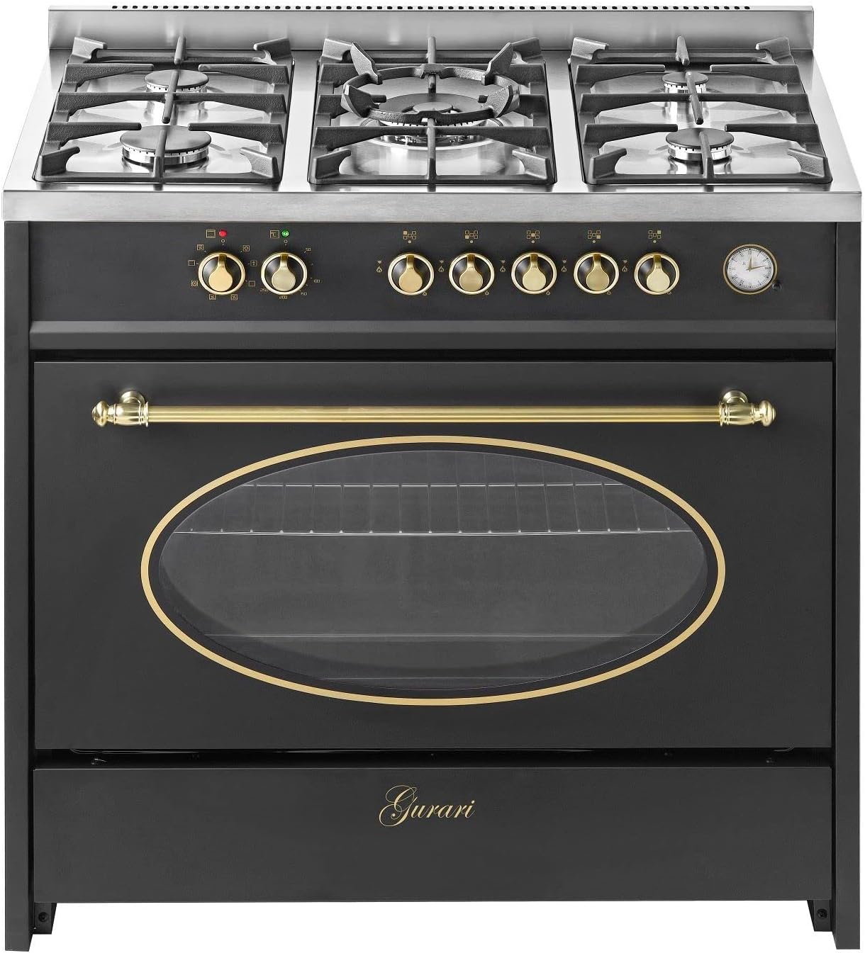 Gas Standherd GCH E 914 BL Retro Gasherd mit Elektrobackofen 90 cm Nostalgie Range Coocker 121L | Heißluft | Grill | 5 Hochwertige Brenner | 4 kw WOK | Erdgas/Propangas | Inkl. WOK Adapter