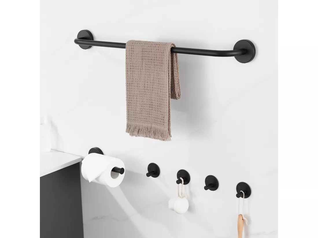 Auralum Max Accessoires Salle Bain,Acier Inoxydable,Noir, Porte Serviette Mural(1 Pièce),Porte-rouleau de Papier Toilette(1 Pièce),Crochet,(4 Pièce)
