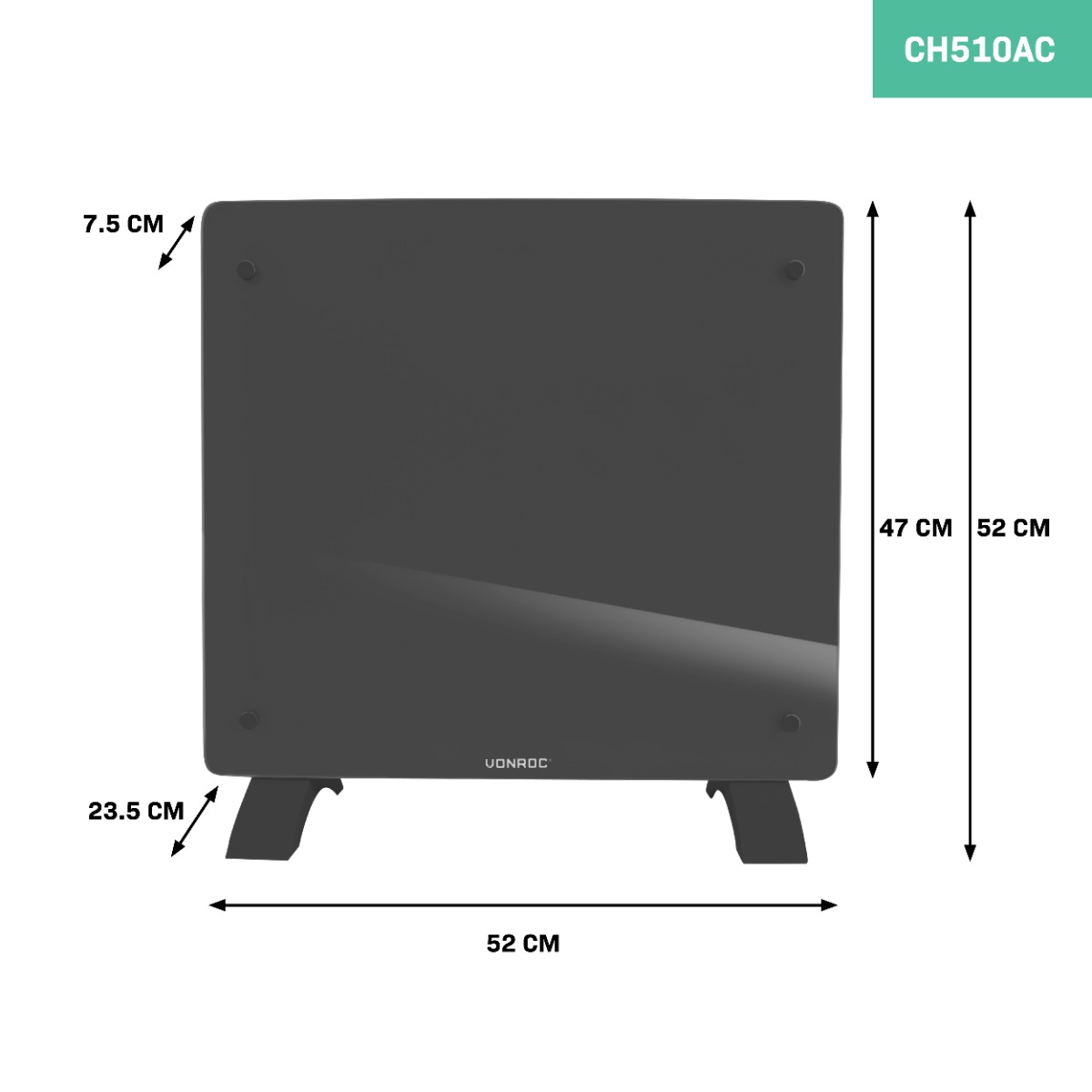 Vonroc 1000 watt convector kachel met glazen paneel - Grey