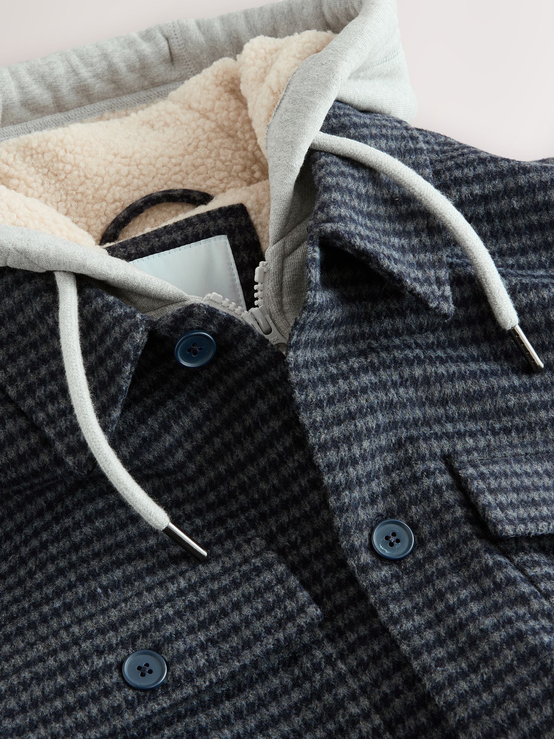 Blauw - Borg gevoerd ruit overshirt met capuchon