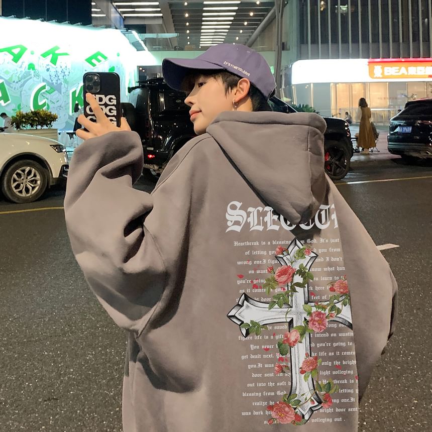 EOW - Fleecegevoerde hoodie met bloemenprint en kruisprint