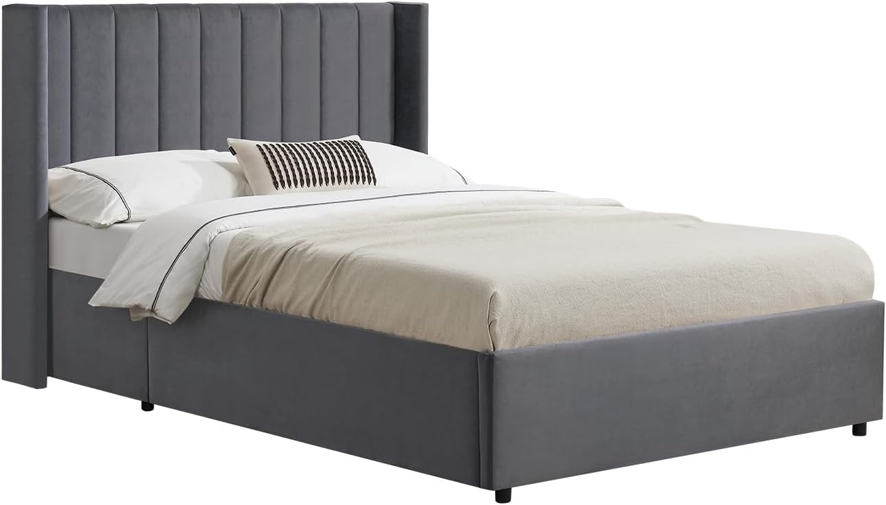 Juskys Polsterbett Savona 140x200 cm, Bett mit Stauraum, Lattenrost, Samt-Bezug, Bettgestell aus Holz, bis 250 kg, großes Kopfteil, Dunkelgrau