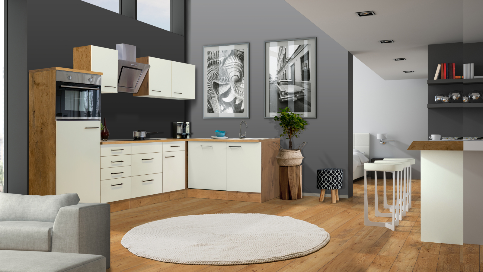 Winkelküche VINTEA - Magnolia matt - Lancelot Oak - mit E-Geräten - 280x170 cm
