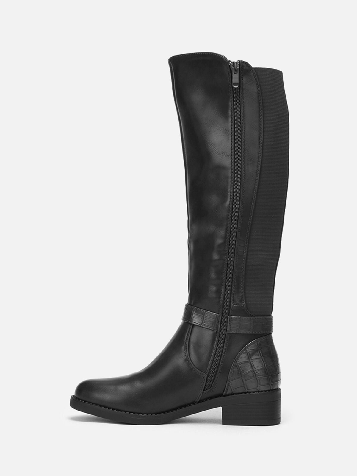 Bottes cavalière en simili effet croco- Noir