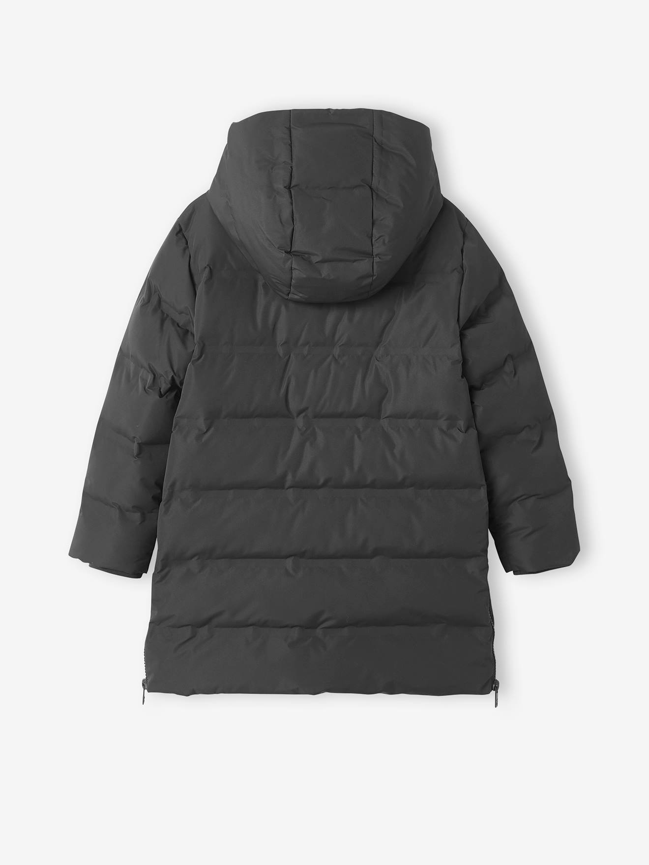 Casaco comprido acolchoado de malha polar com capuz, para meninos, cinza médio liso com estampas.