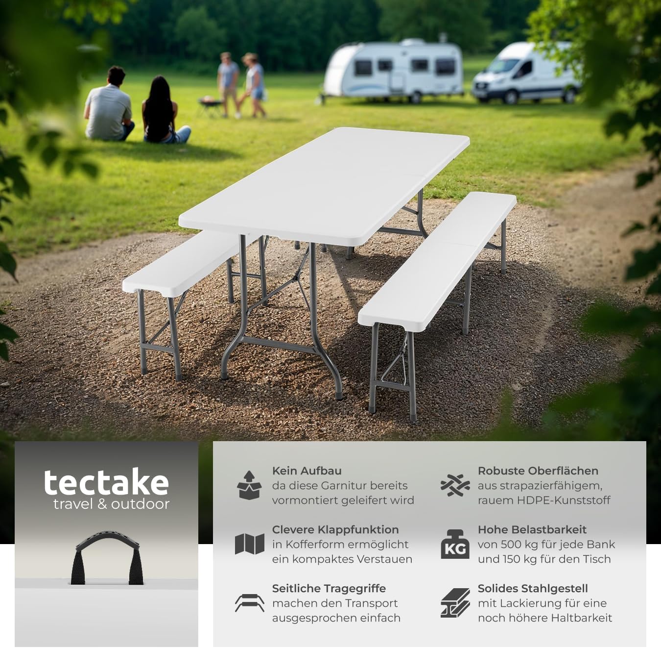 tectake® 3-teiliges Gartenmöbel Set, klappbarer Campingtisch mit 2X Bierbank, Balkonmöbel, Garten oder Terrassentisch Set, Bierzeltgarnitur, mit Tragegriffen, 180cm lang (weiß)