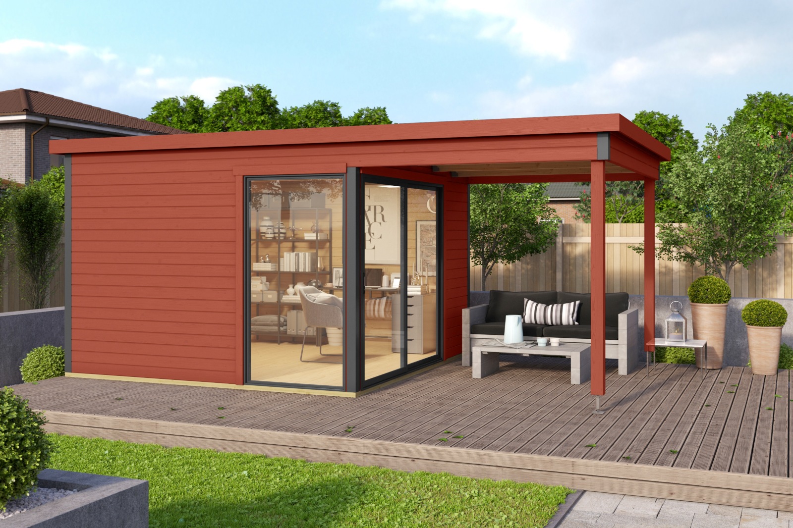 Gartenhaus DOMEO 2 - schwedenrot-anthrazit - Fichte massiv - 504,4x300 cm