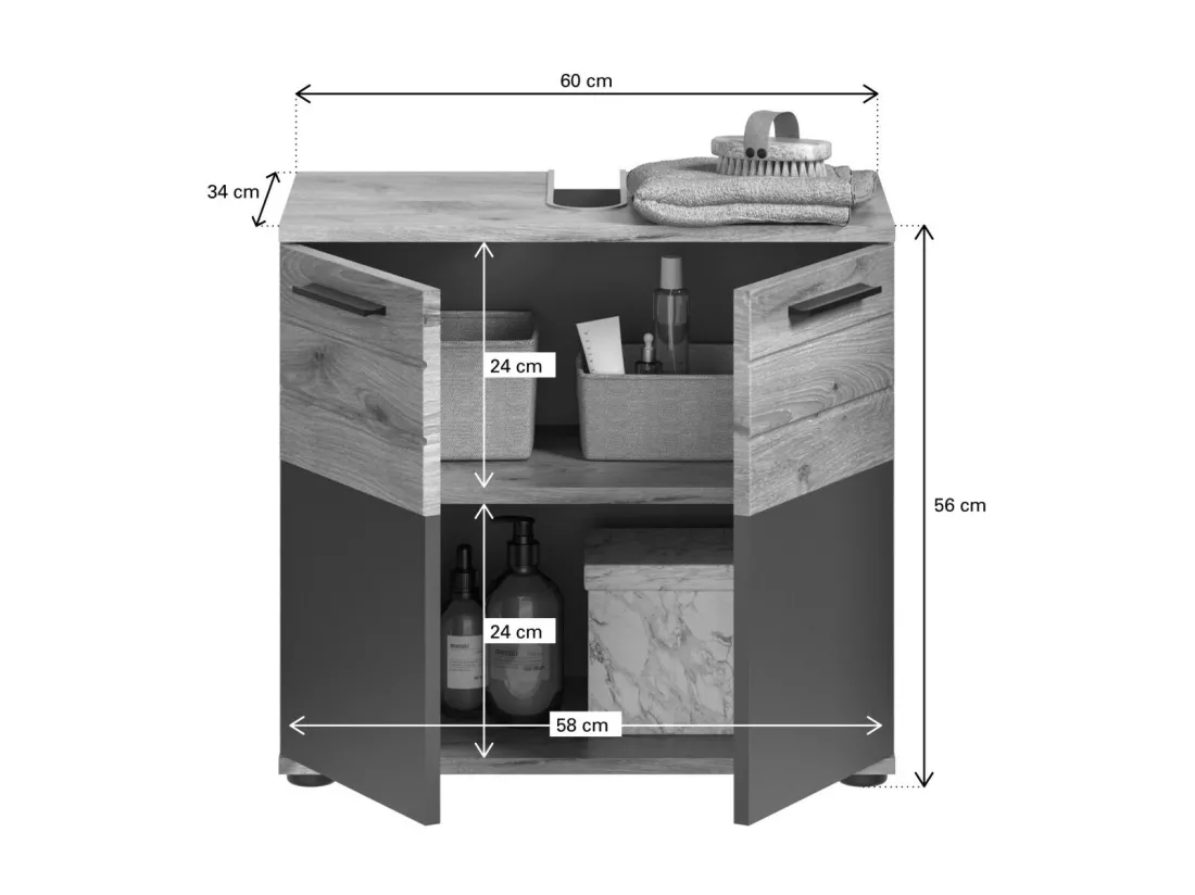 Meuble sous vasque 2 portes – Gris anthracite et chêne clair – SELMA