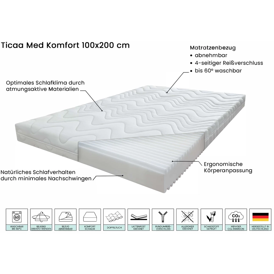 TICAA Matratze Ticaa Med 100x200 cm Komfort Weiß