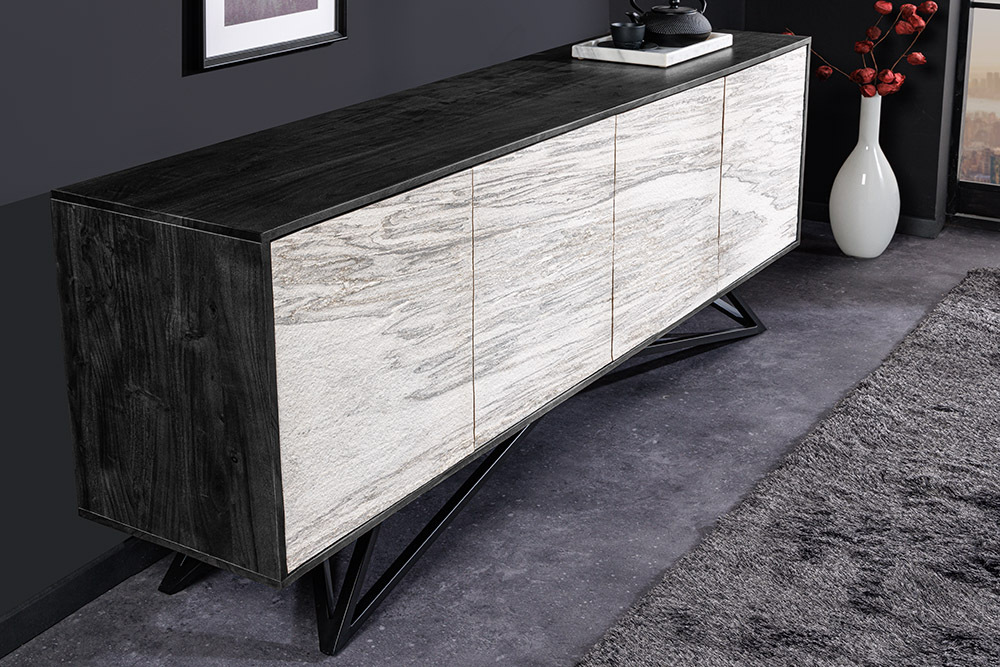 Massivholz Sideboard MOUNTAIN SOUL 175cm weiß schwarz Akazie echter Naturstein