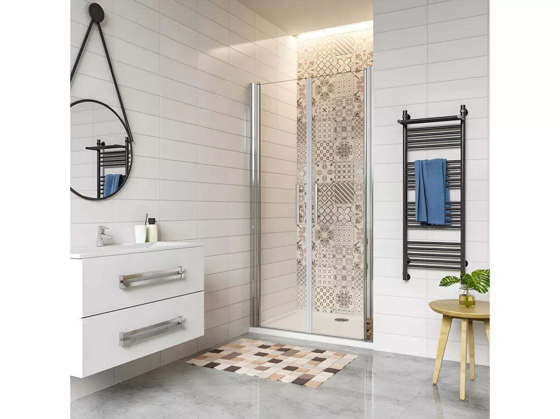Porte de douche battante 100x197cm en 6mm verre anticalcaire avec receveur de douche blanc 100x70x3cm