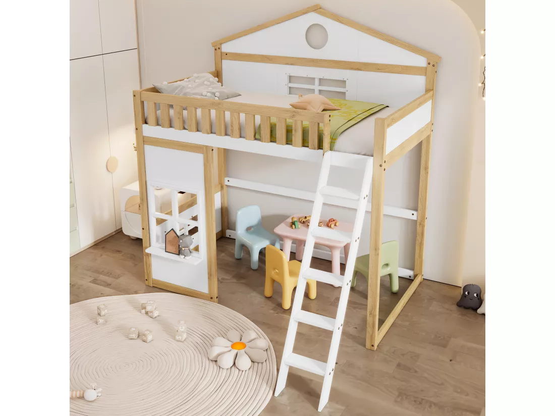 Lit superposé 90x200cm en bois - avec escaliert brrières de sécurité - Blanc & Naturel