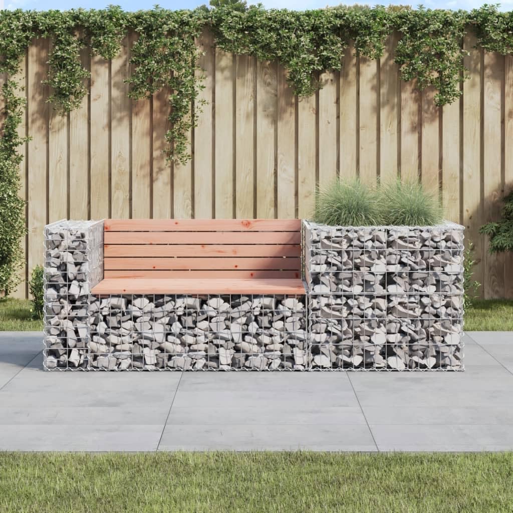 Gartenbank mit Gabionen - Sitzbank aus Holz und Stein, Witterungsbeständig mit Lehne, Natürliche Douglasie - 192 x 71 x 65,5 cm