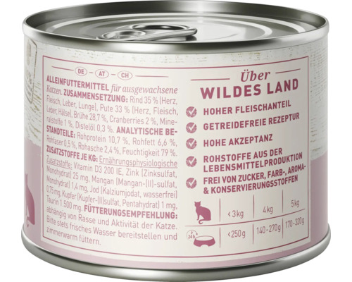 WILDES LAND natvoer voor katten, rund en kalkoen met veenbessen en waardevolle superfoods, graanvrij, glutenvrij, 200 g