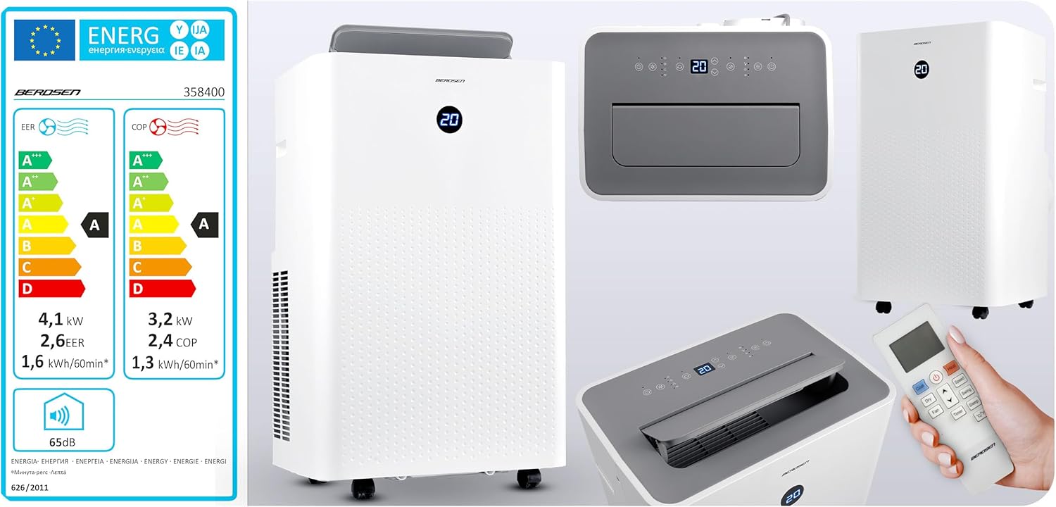 Berdsen Mobiles Klimagerät 5-in-1-14000 BTU - Kühlung, Heizung, Entfeuchtung, Ventilation, Schlafmodus - Tuya Smart App - Energieeffizient