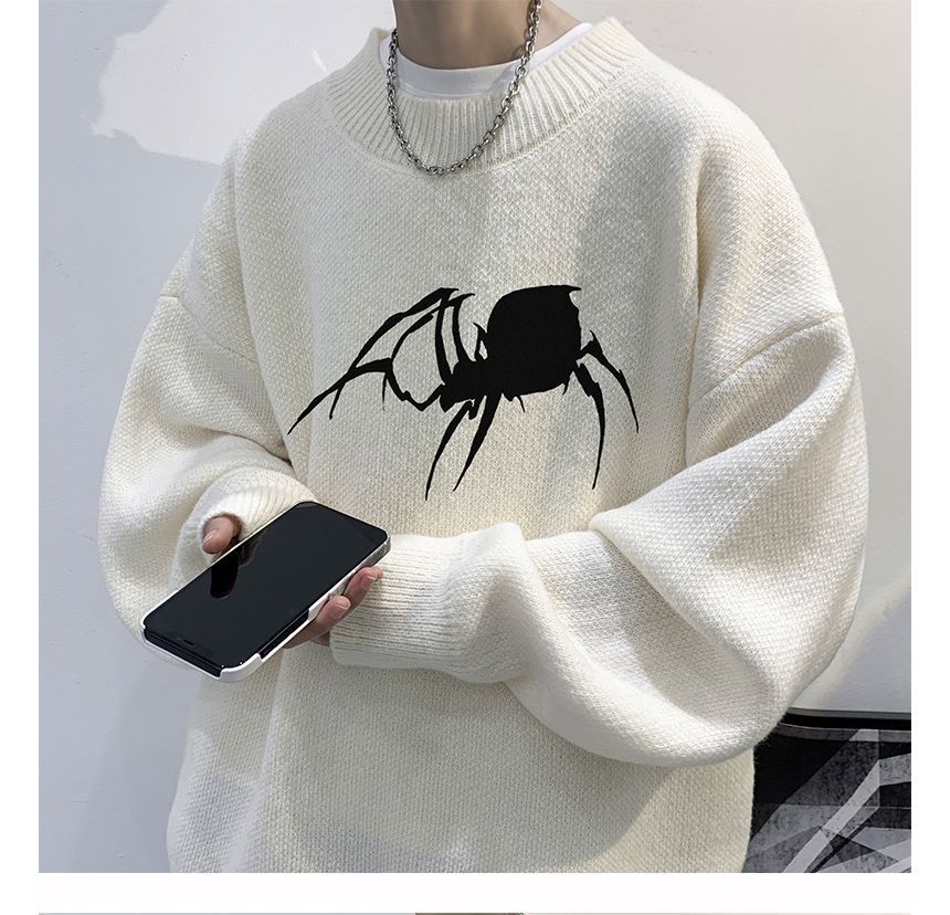 POSI - Oversized trui met ronde hals en spinnenprint