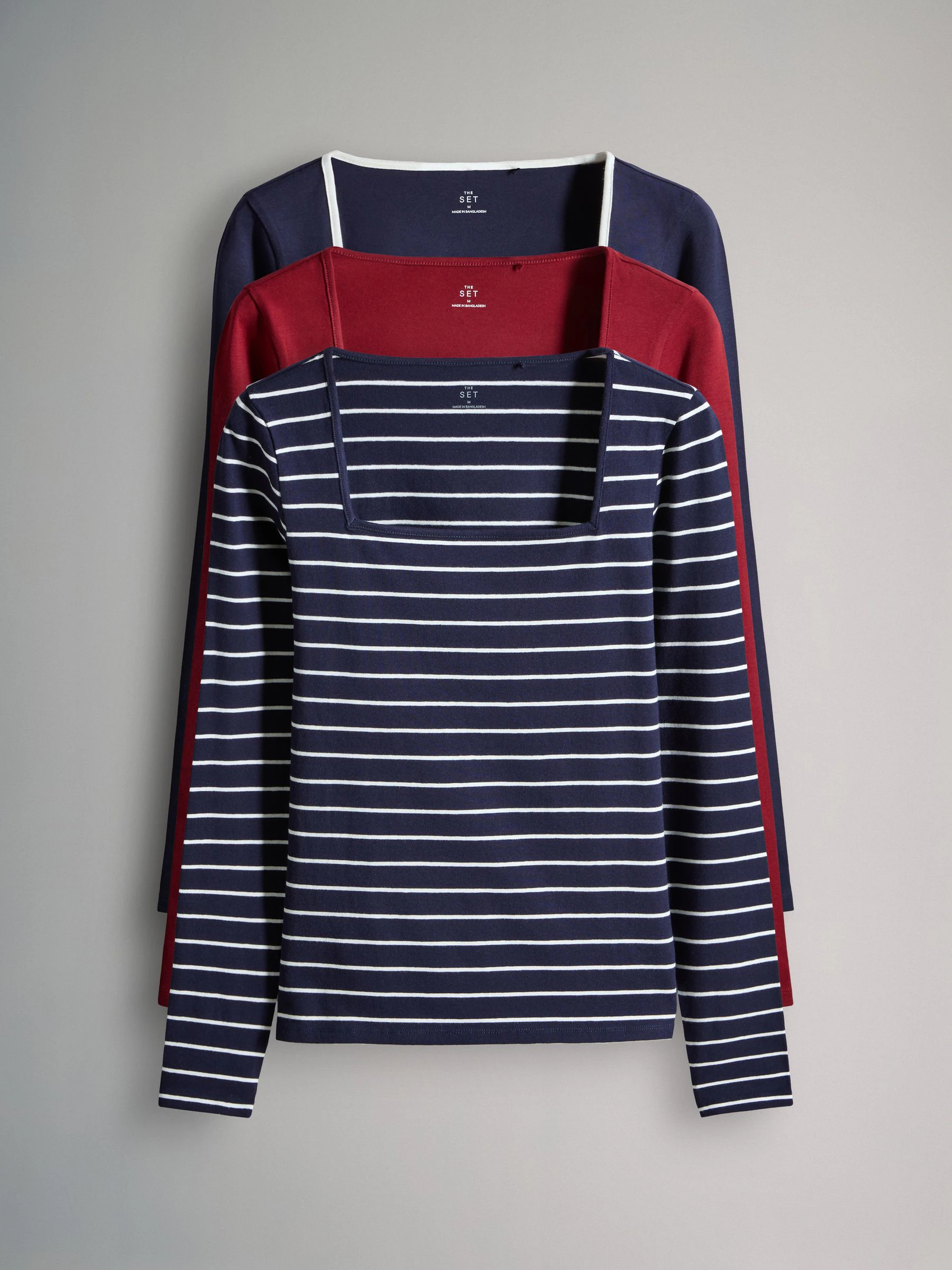 Marineblauw/rood/wit - The Set 3 Pack Square Neck Long Sleeve T-Shirts