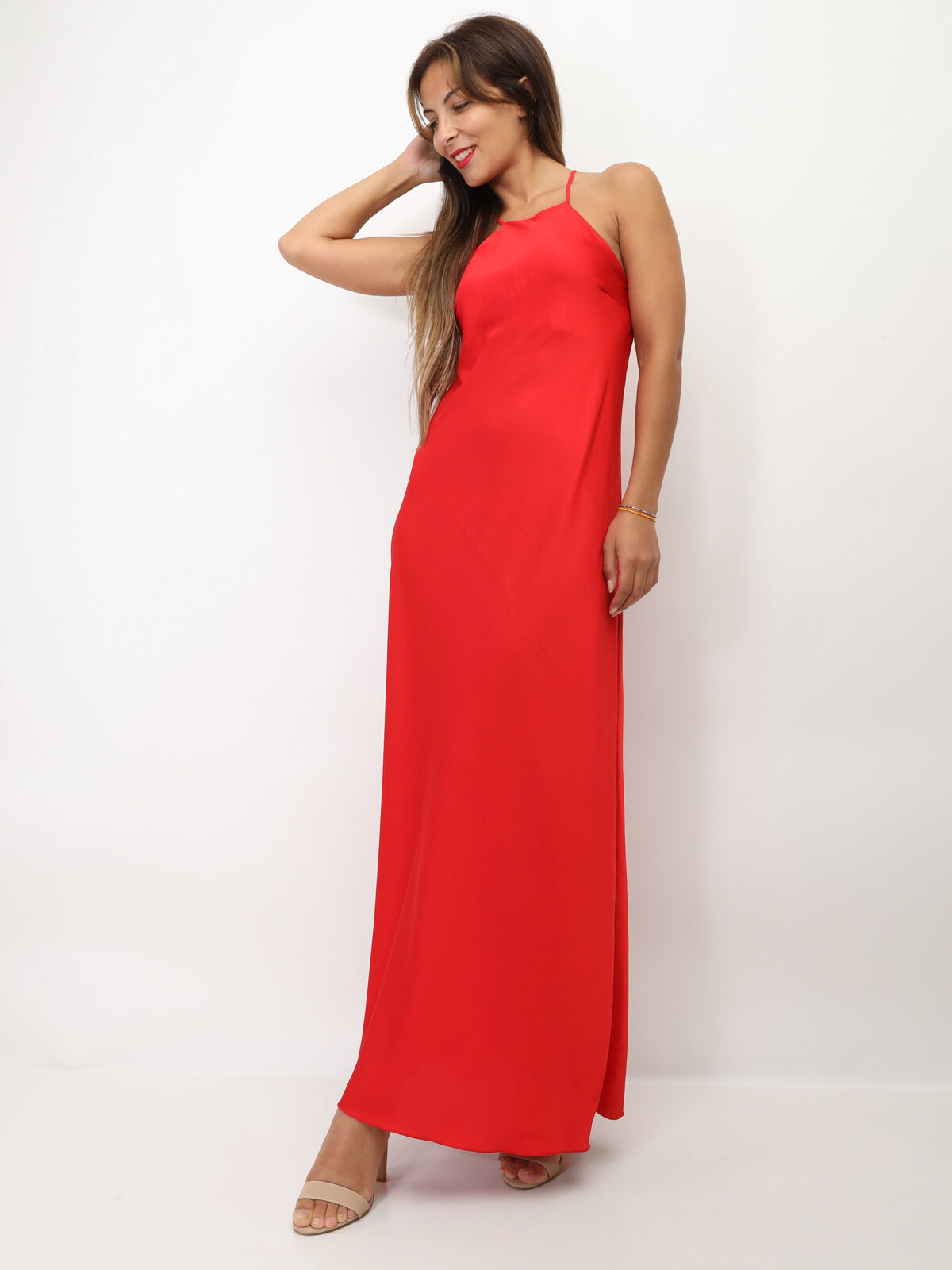 Robe satinée à dos croisé- Rouge