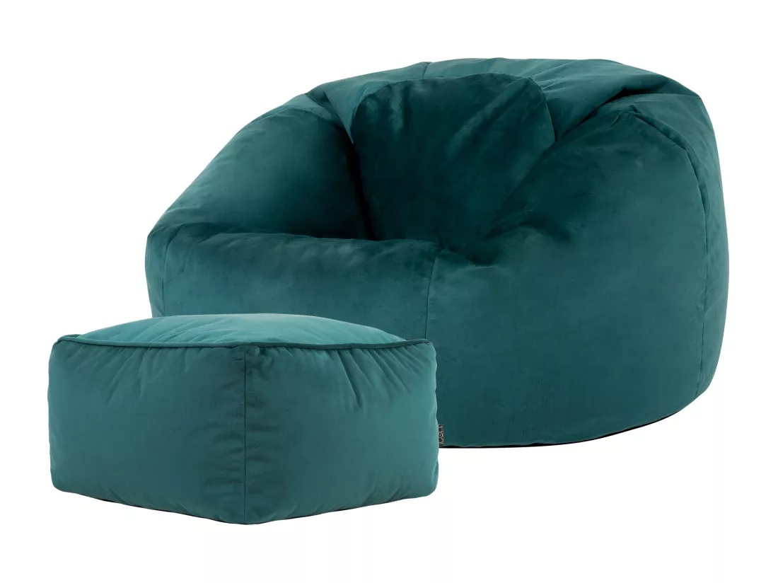 Pouf classique et son repose-pied velours bleu canard - AURORA