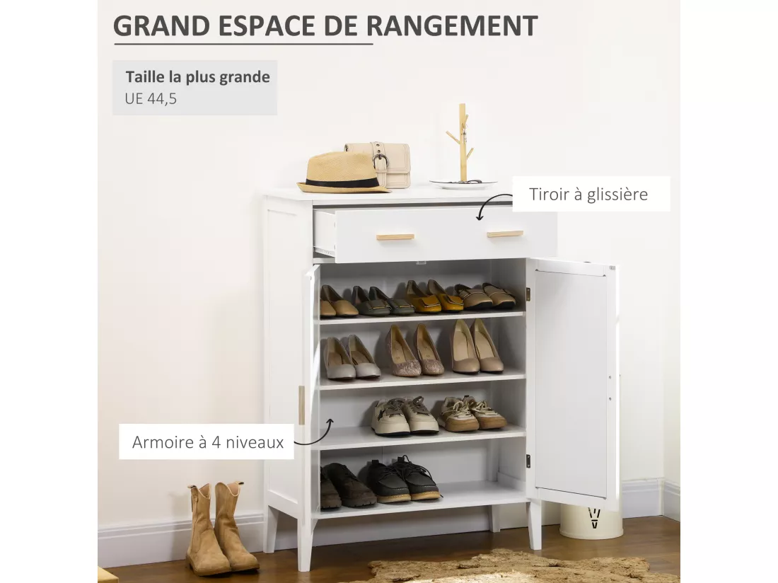 Meuble à chaussures style bohème chic - 2 portes, 3 étagères, tiroir - MDF blanc cannage rotin