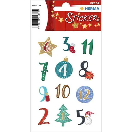 HERMA Sticker Adventskalenderzahlen Weihnachts-Symbole, beglimmert