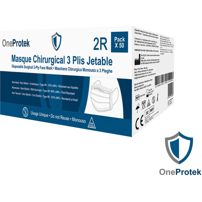 Masque chirurgical 3 plis - Type IIR, bleu