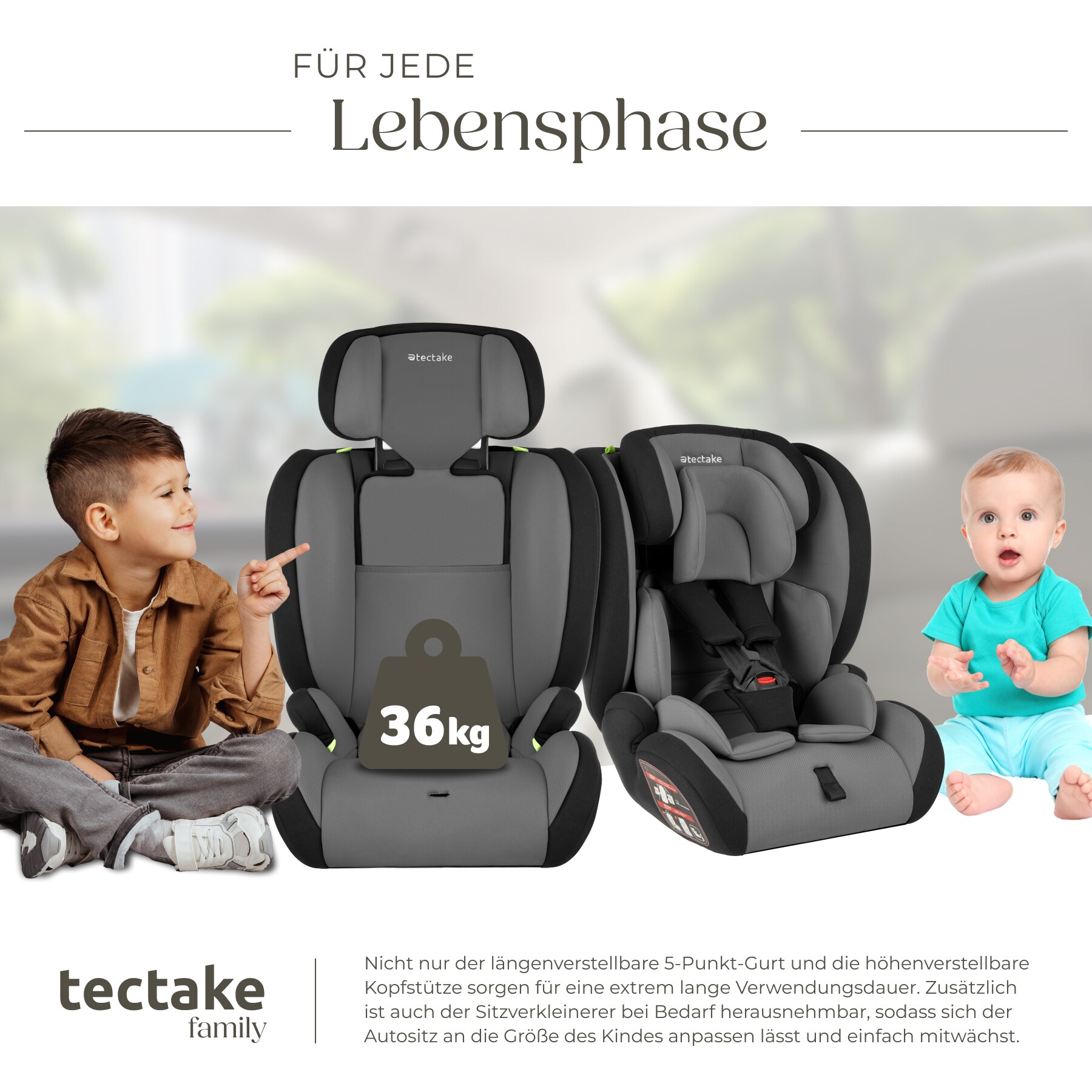 tectake® Autositz, mit Seitenaufprallschutz, zugelassen nach ECE R129/03, längenverstellbarer 5-Punkt-Gurt, höhenverstellbare Kopfstütze, von 76 bis 150 cm, Belastbarkeit 36 kg