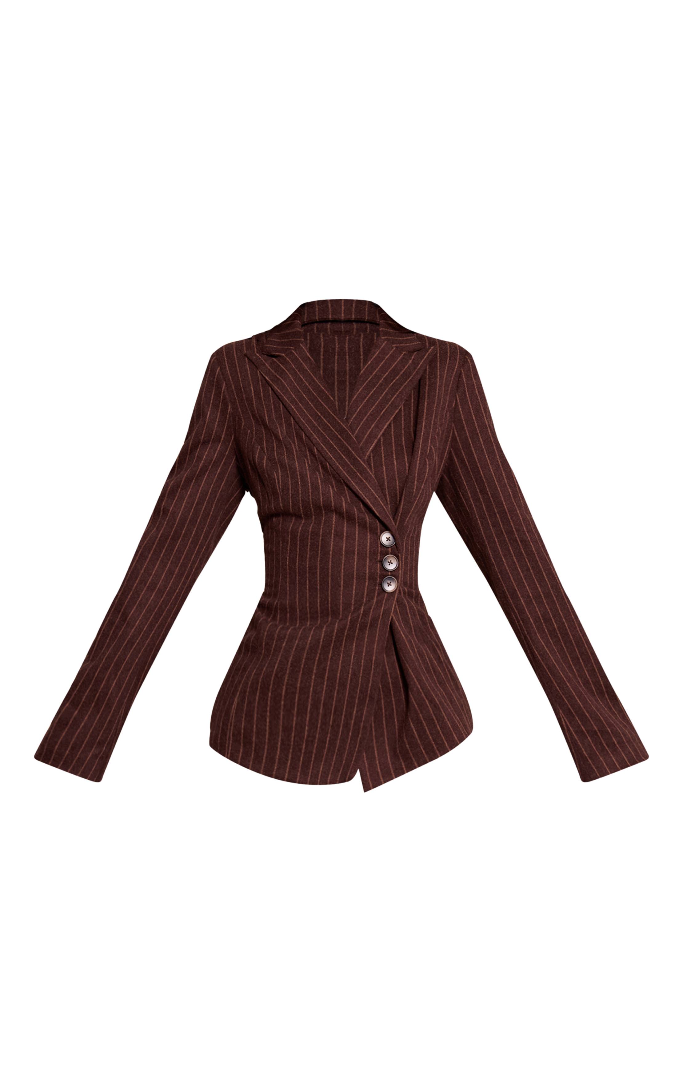 Chocolat Blazer Tissé À Fines Rayures Brossées Lourdes Avec Taille Cintrée