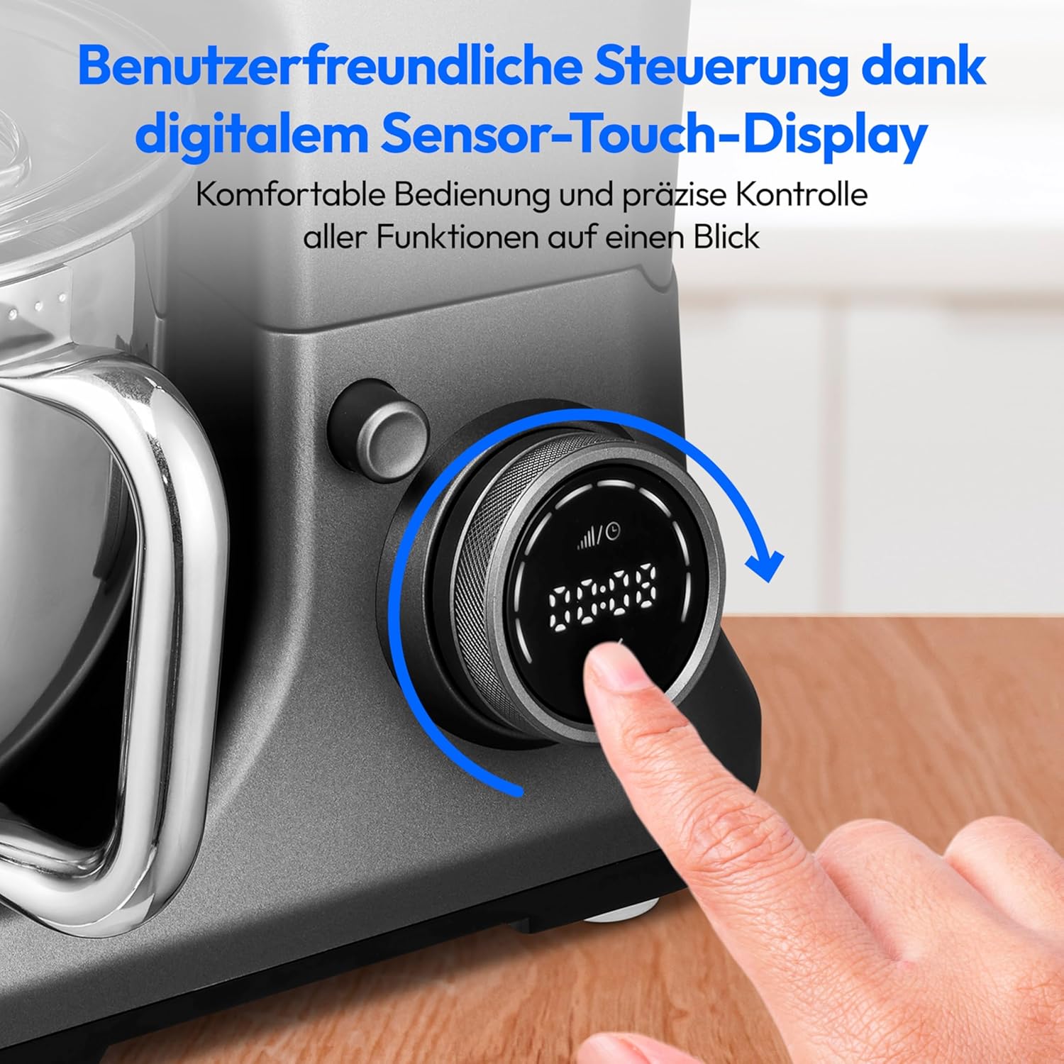 MEDION Küchenmaschine (Mixer, Fleischwolf, Eisschüssel für Zubereitung von Eis, 4 in 1, 1.200 Watt, Reiben Raspeln Schneiden, Digitales Touch Display, Knetmaschine, Teigmaschine, MD18440) Titan