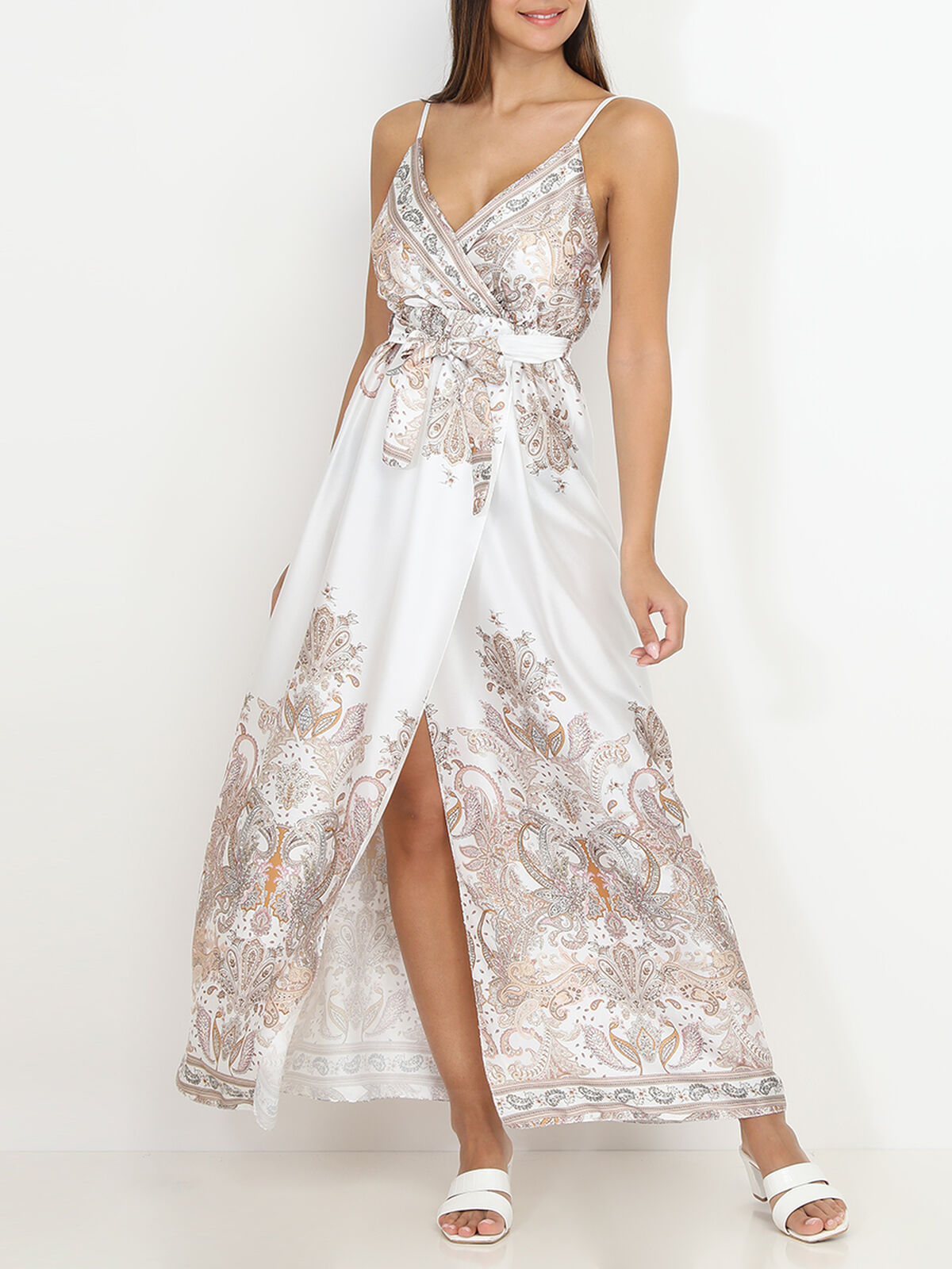 Robe portefeuille fendue à motif cachemire- Blanc