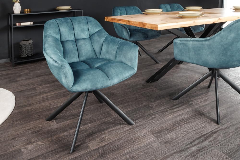 Riess Ambiente Drehbarer Stuhl Papillon Petrol blau Samt Schwarze Metallbeine Armlehnen Stuhl Esszimmerstuhl Küchenstuhl Konferenzstuhl