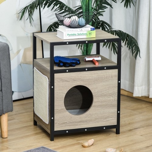 Casinha de madeira para gatos Pawhut, cor carvalho