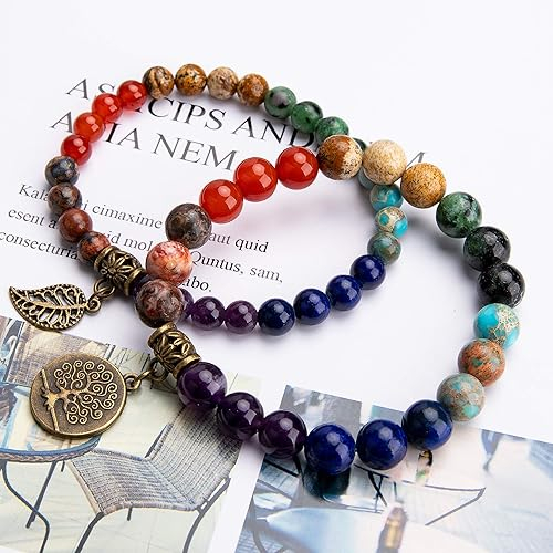(2er Set) 225-240mm Naturstein Armband Edelstein Armkettchen mit Anhänger - Chakra Steine / Bronze
