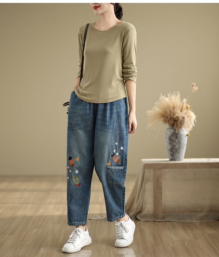 Lewwe - Elastische taille met visborduursel en gewassen cropped baggy jeans