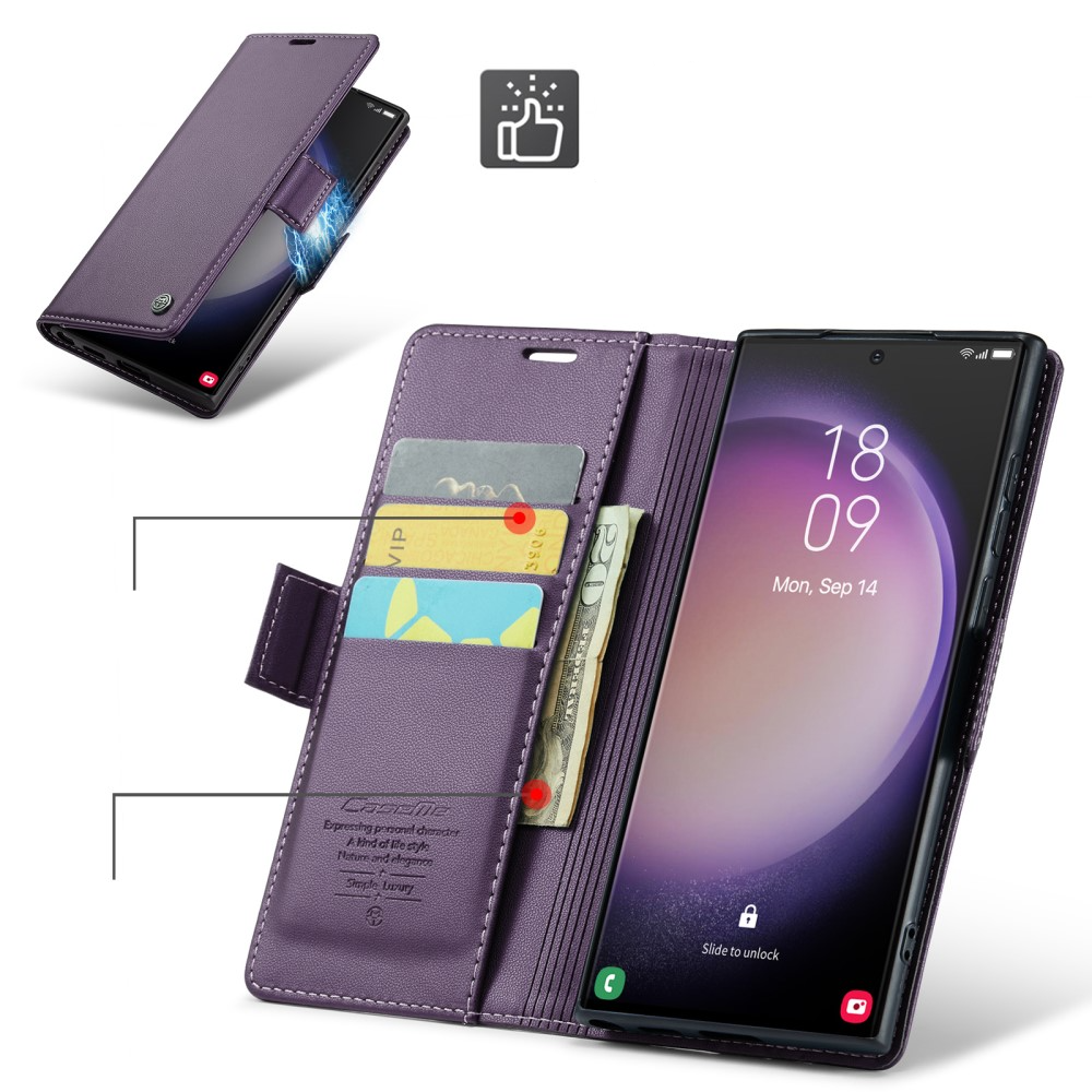 Samsung Galaxy S23 Ultra 5G Leder Tasche Flip Wallet Etui mit Kartenfächern Litchi Look (RFID Schutz) - Violett