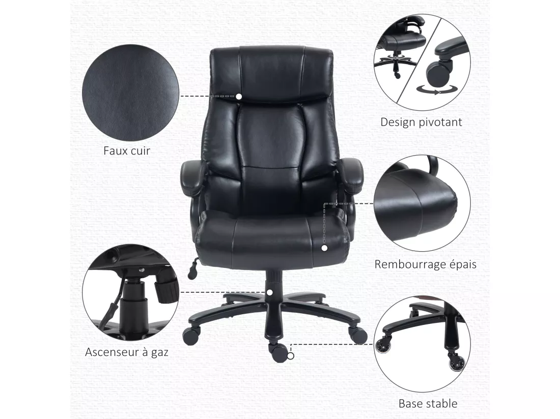 Chaise de bureau direction massant chauffant réglable ergonomique revêtement synthétique noir