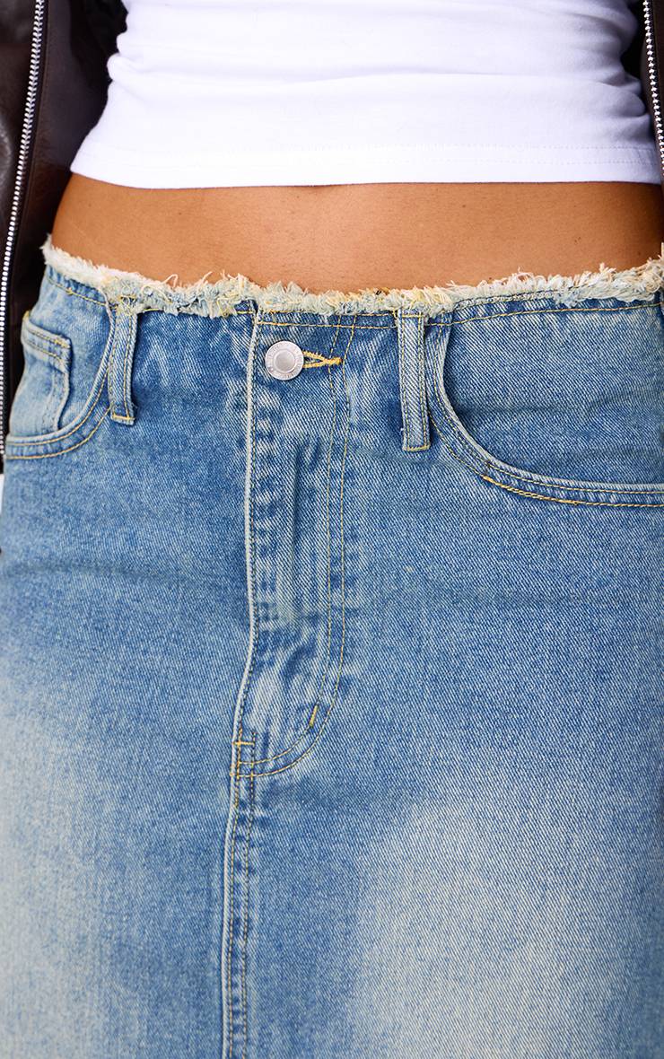 Délavage Vintage Jupe Midi En Denim À Fente Latérale Et Ourlet Brut